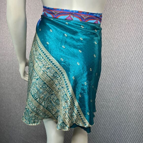 Reversible Wrap Skirt Dress Sari Colorful Upcycle Boho Indie Womens Convertible - Picture 3 of 10